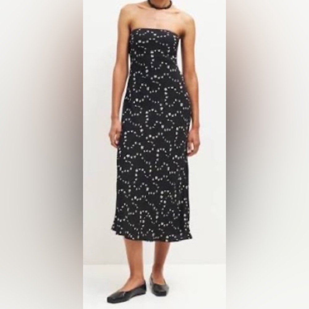Reformation Black Strapless Midi Dress with White Dot Pattern